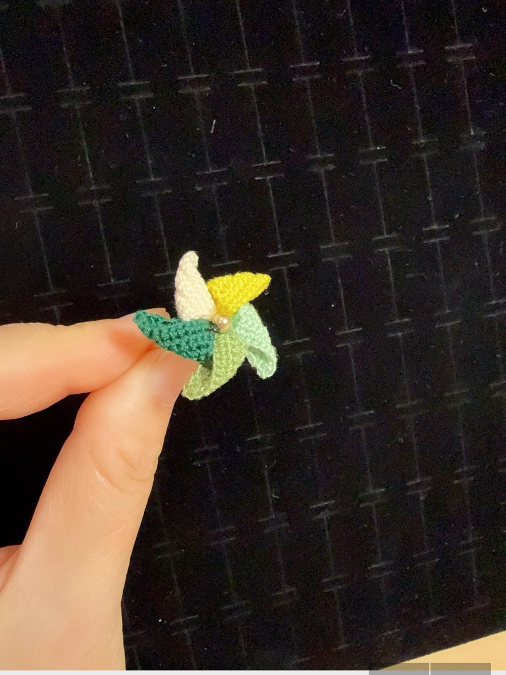 Brand new Handmade Micro Crochet Green Windmill Ring, Adjustable Ring